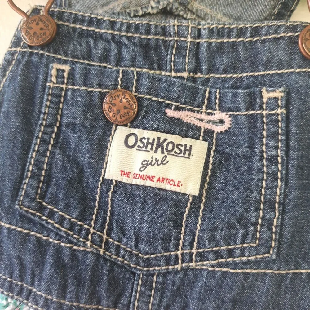 Oshkosh 12 Month Baby Overall Dress Jumper Denim Pink Floral Gingham Lace Tiered